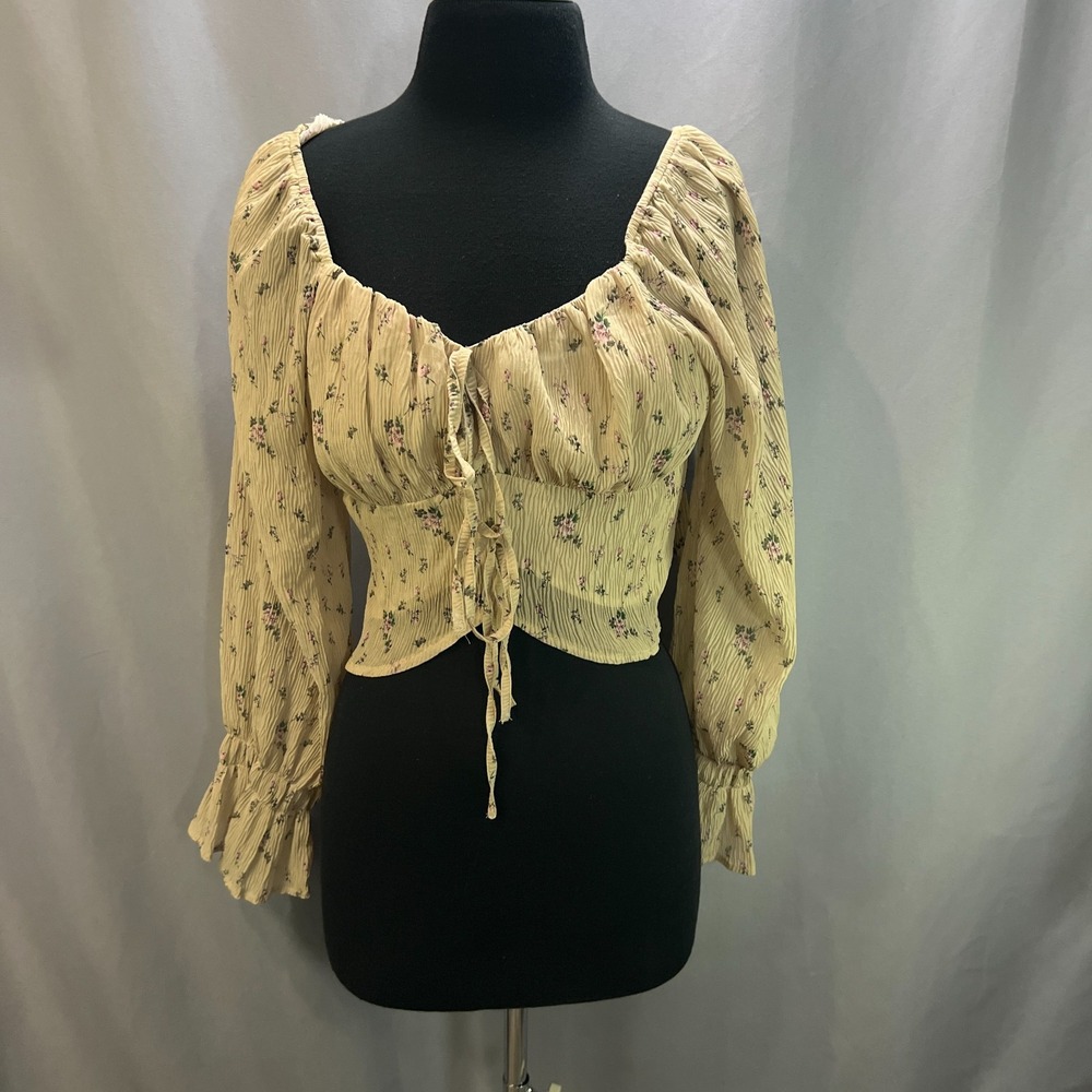 Dazy Cropped Blouse Top Women Medium Beige Floral Print Tie Front Flounce Sleeve